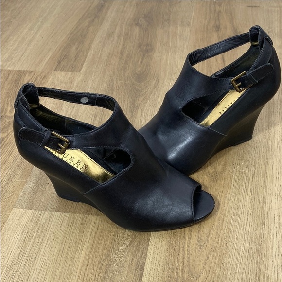 Ralph Lauren Black Wedge Sandals with buckle size 7B - Picture 1 of 13